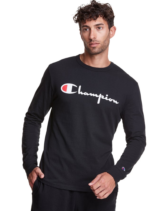 Tricou Champion Long-Sleeve Lightweight Script Logo Barbati Negrii - Romania LEGMVDF-91